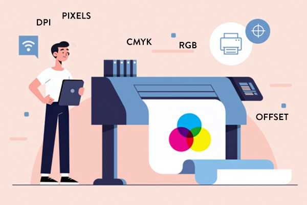 illustratie persoon met tablet bij printer met drukkersjargon